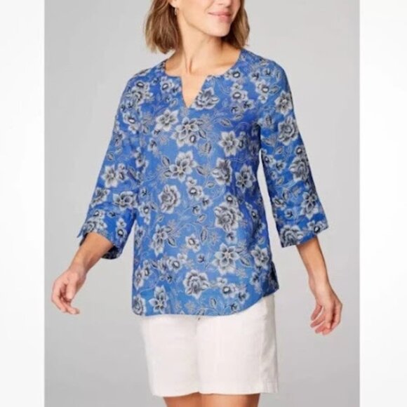 J. JILL | Love Linen Blue Floral 3/4 Sleeve Split Neck Tunic Blouse Coastal LT - Picture 1 of 14
